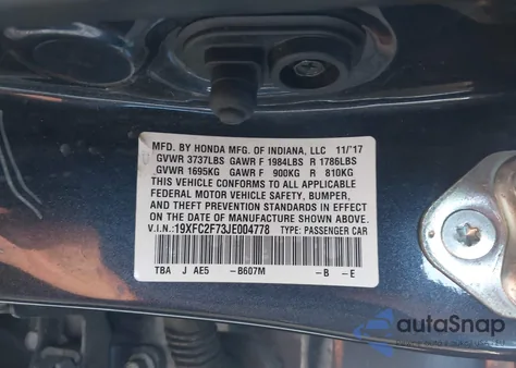 2018 Honda Civic Ex from USA, damaged, VIN 19XFC2F73JE004778